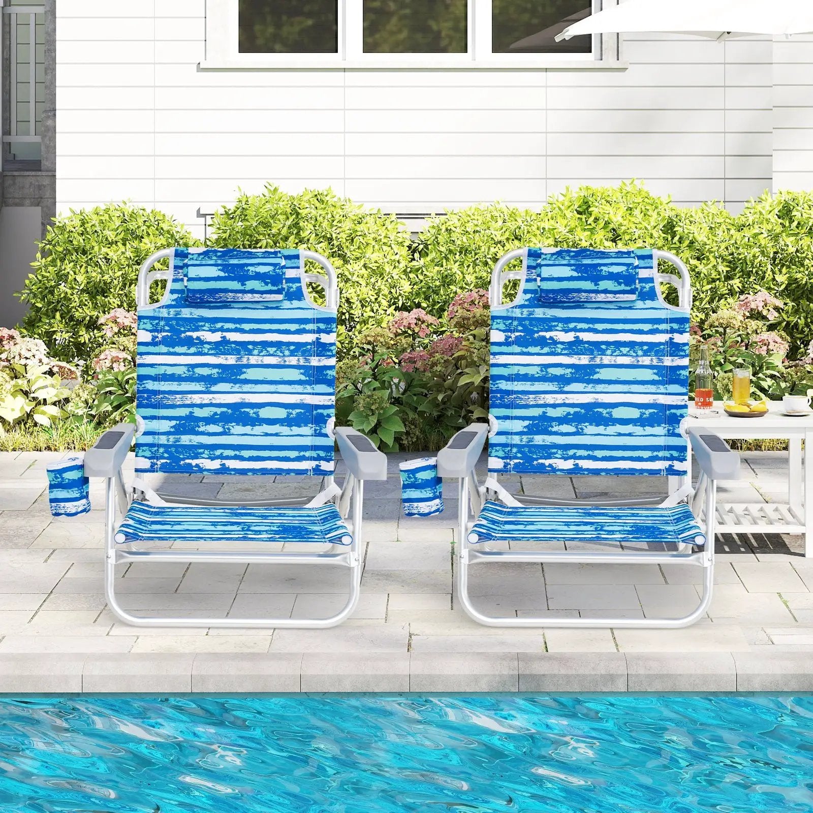 2 Pack Folding Beach Chair with Adjustable Positions and Head Pillow by DirectDeals