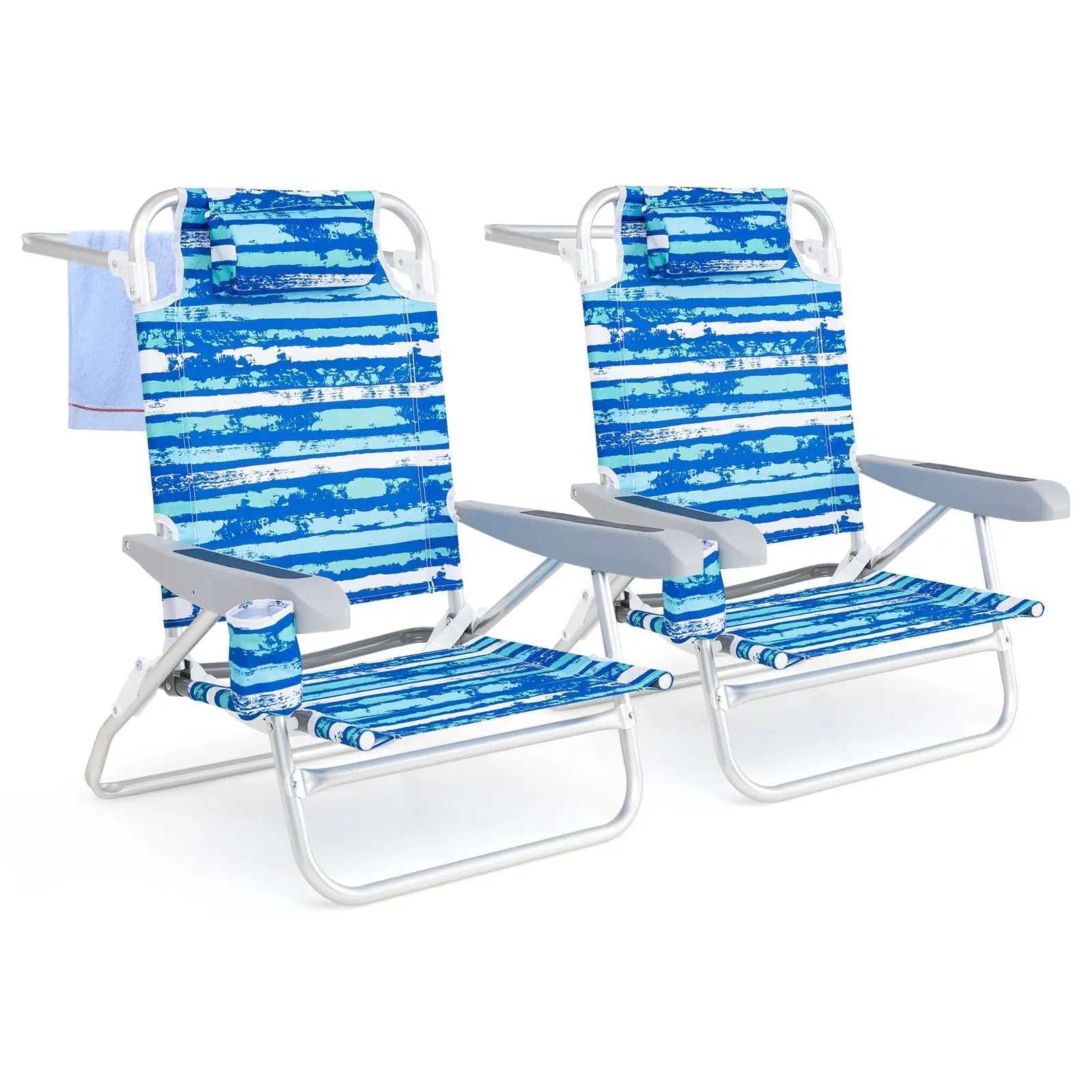 2 Pack Folding Beach Chair with Adjustable Positions and Head Pillow by DirectDeals