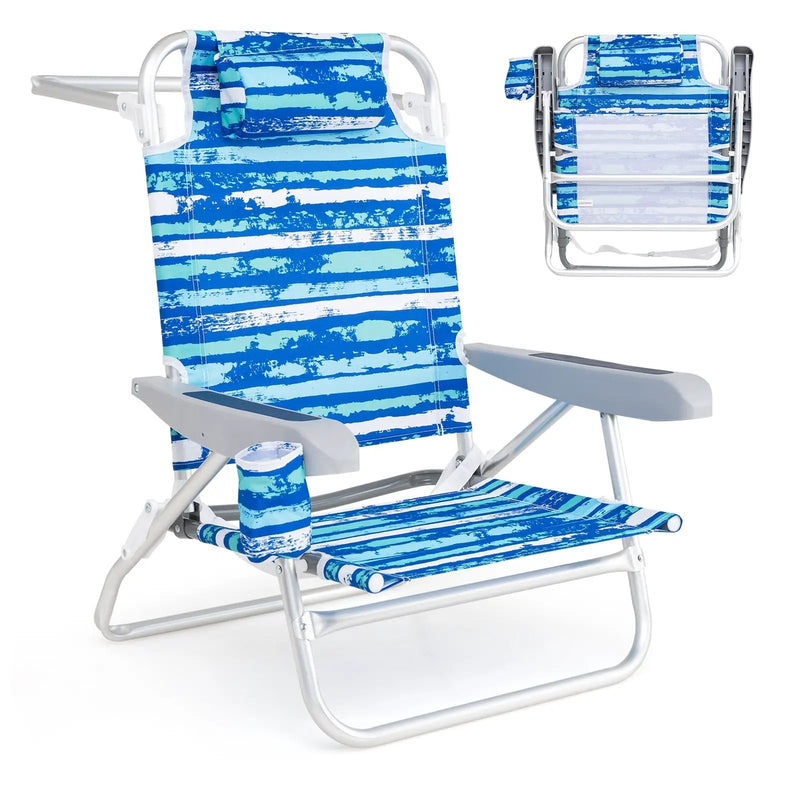 2 Pack Folding Beach Chair with Adjustable Positions and Head Pillow by DirectDeals