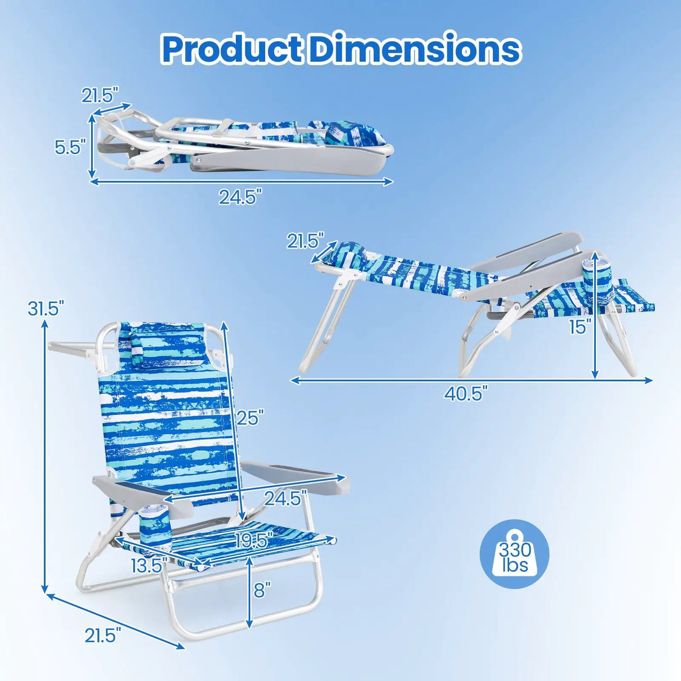 2 Pack Folding Beach Chair with Adjustable Positions and Head Pillow by DirectDeals