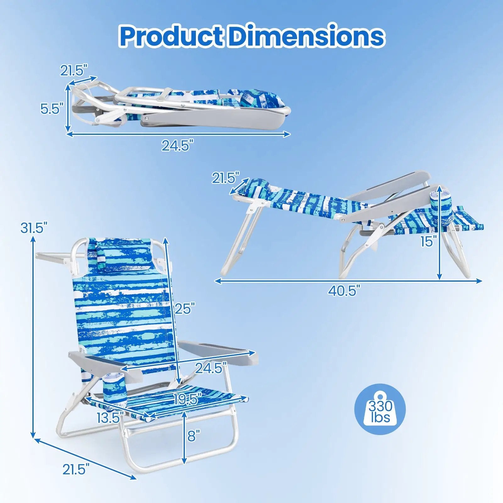 2 Pack Folding Beach Chair with Adjustable Positions and Head Pillow by DirectDeals