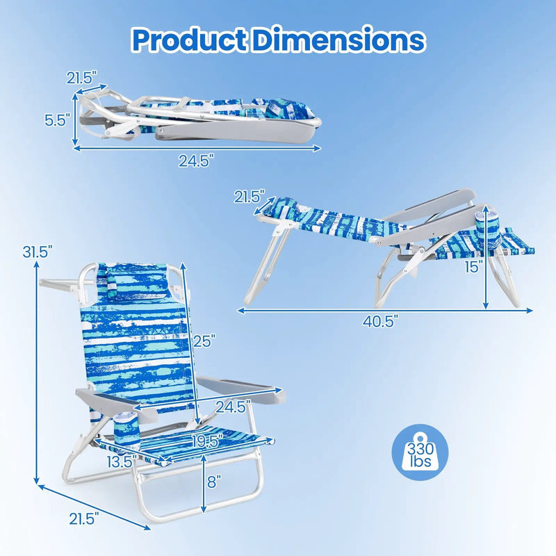 2 Pack Folding Beach Chair with Adjustable Positions and Head Pillow by DirectDeals