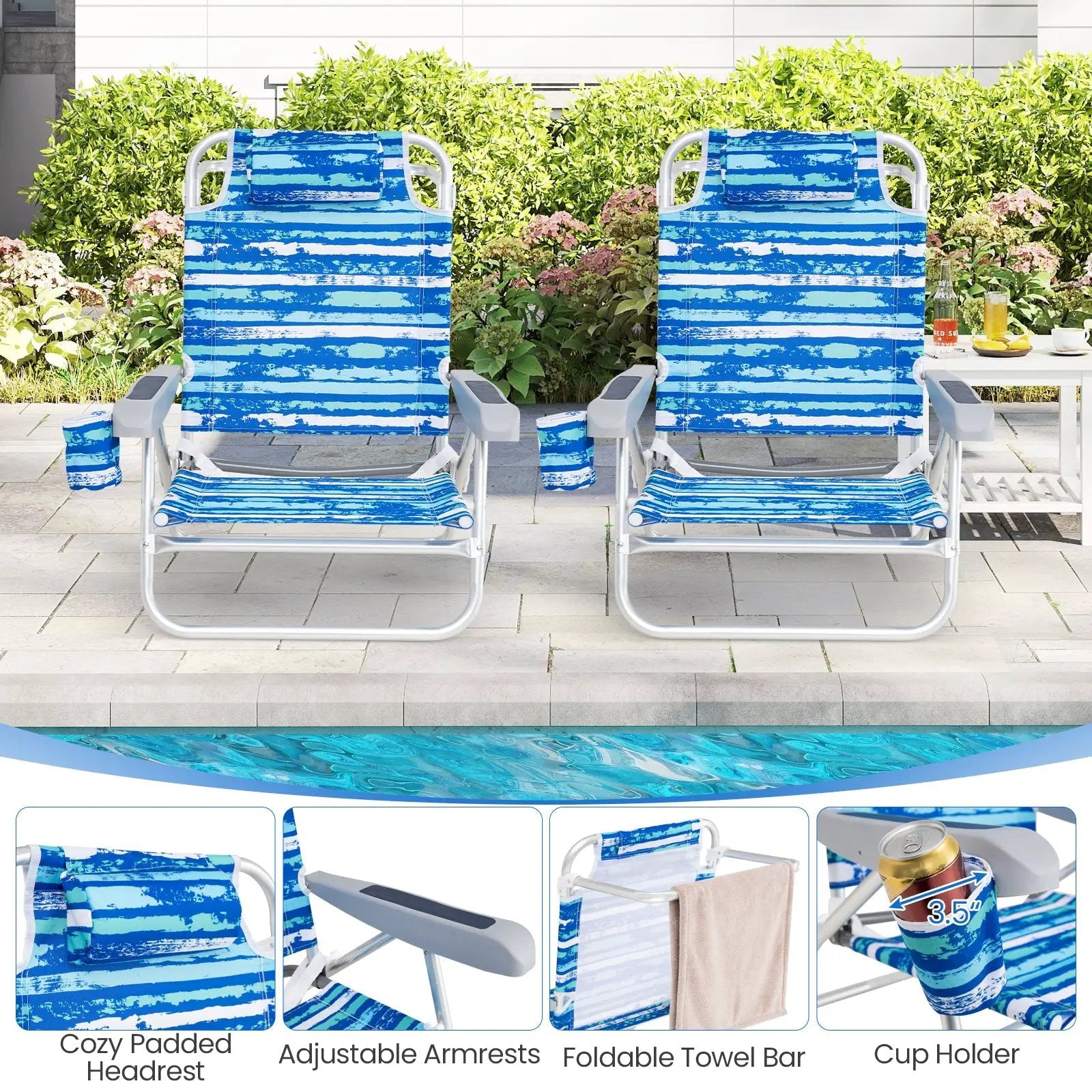 2 Pack Folding Beach Chair with Adjustable Positions and Head Pillow by DirectDeals