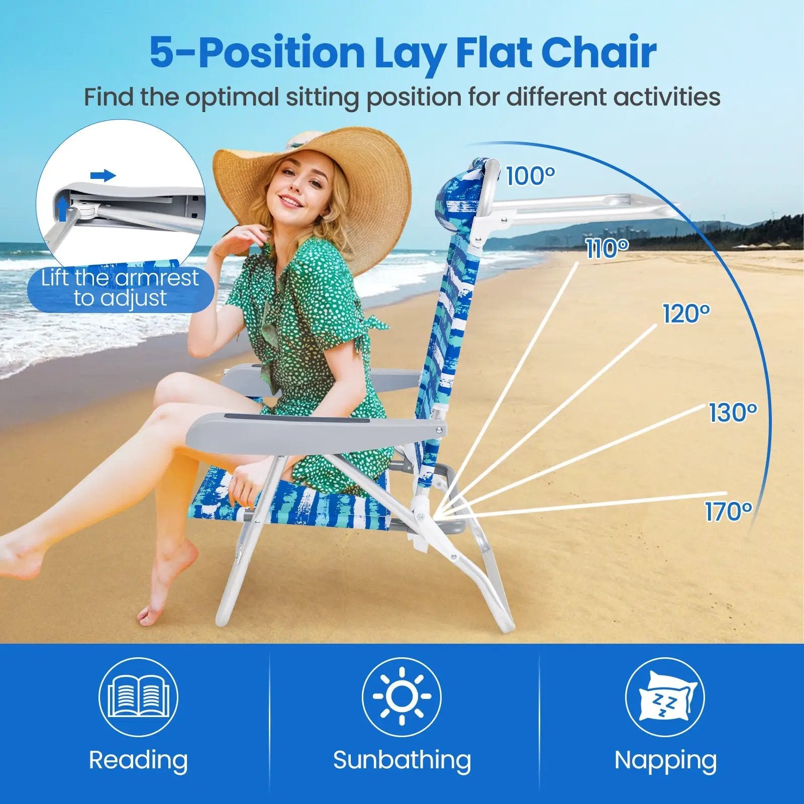 2 Pack Folding Beach Chair with Adjustable Positions and Head Pillow by DirectDeals