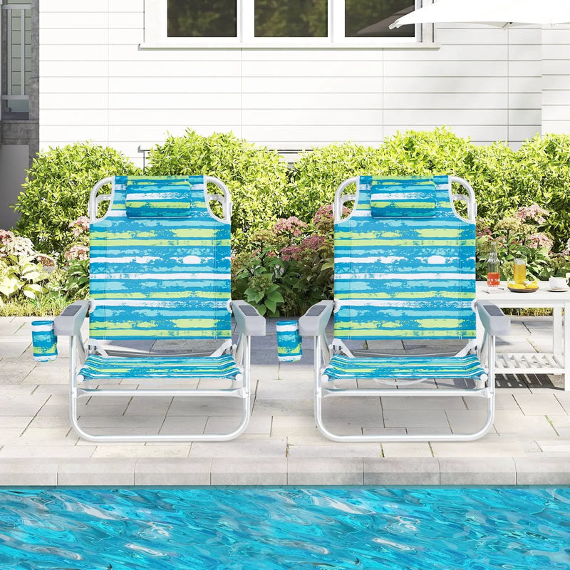 2 Pack Folding Beach Chair with Adjustable Positions and Head Pillow by DirectDeals
