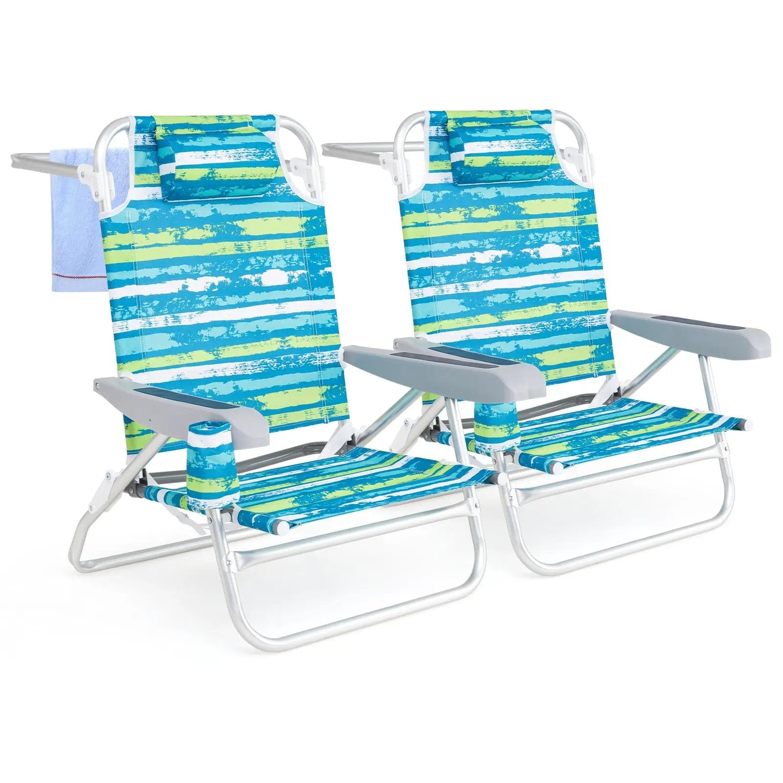 2 Pack Folding Beach Chair with Adjustable Positions and Head Pillow by DirectDeals