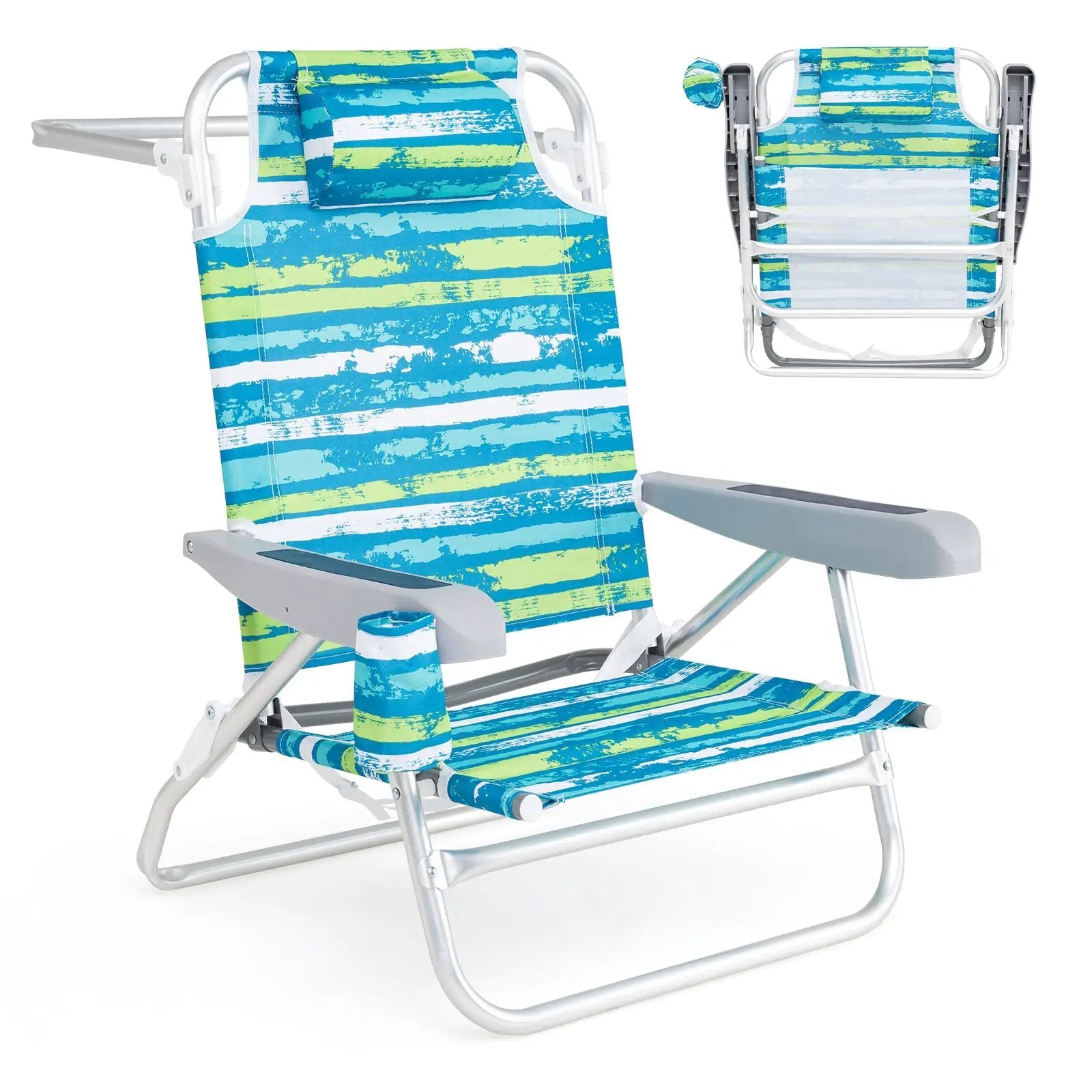 2 Pack Folding Beach Chair with Adjustable Positions and Head Pillow by DirectDeals