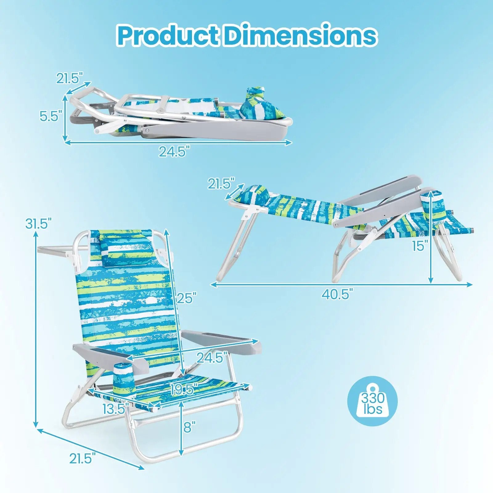 2 Pack Folding Beach Chair with Adjustable Positions and Head Pillow by DirectDeals