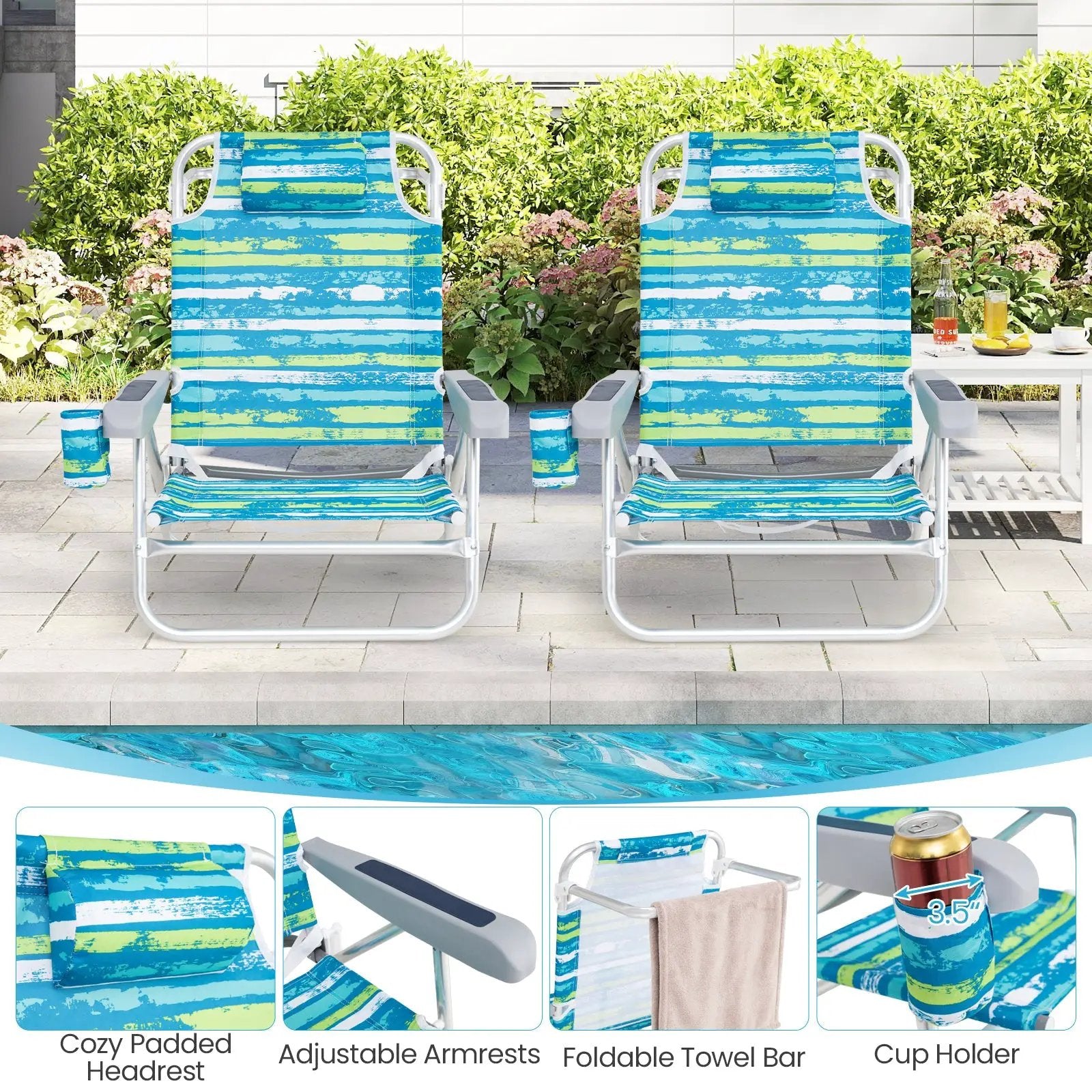 2 Pack Folding Beach Chair with Adjustable Positions and Head Pillow by DirectDeals