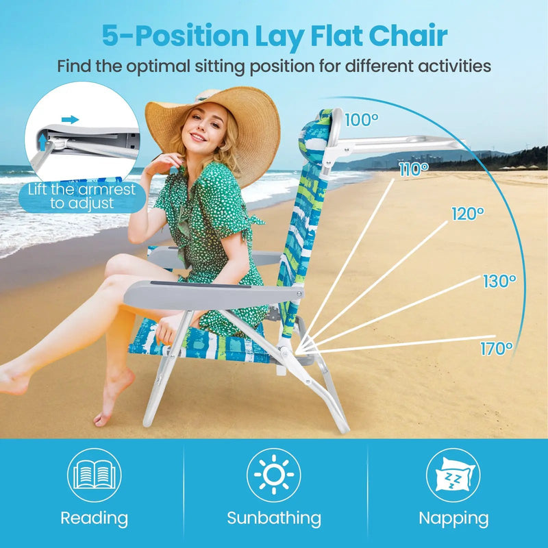 2 Pack Folding Beach Chair with Adjustable Positions and Head Pillow by DirectDeals