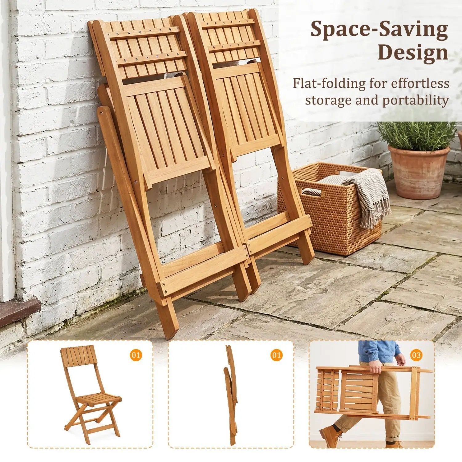 2 Pack Folding Chairs Sturdy Wood Dining Chairs with Slatted Backrest and Seat by DirectDeals