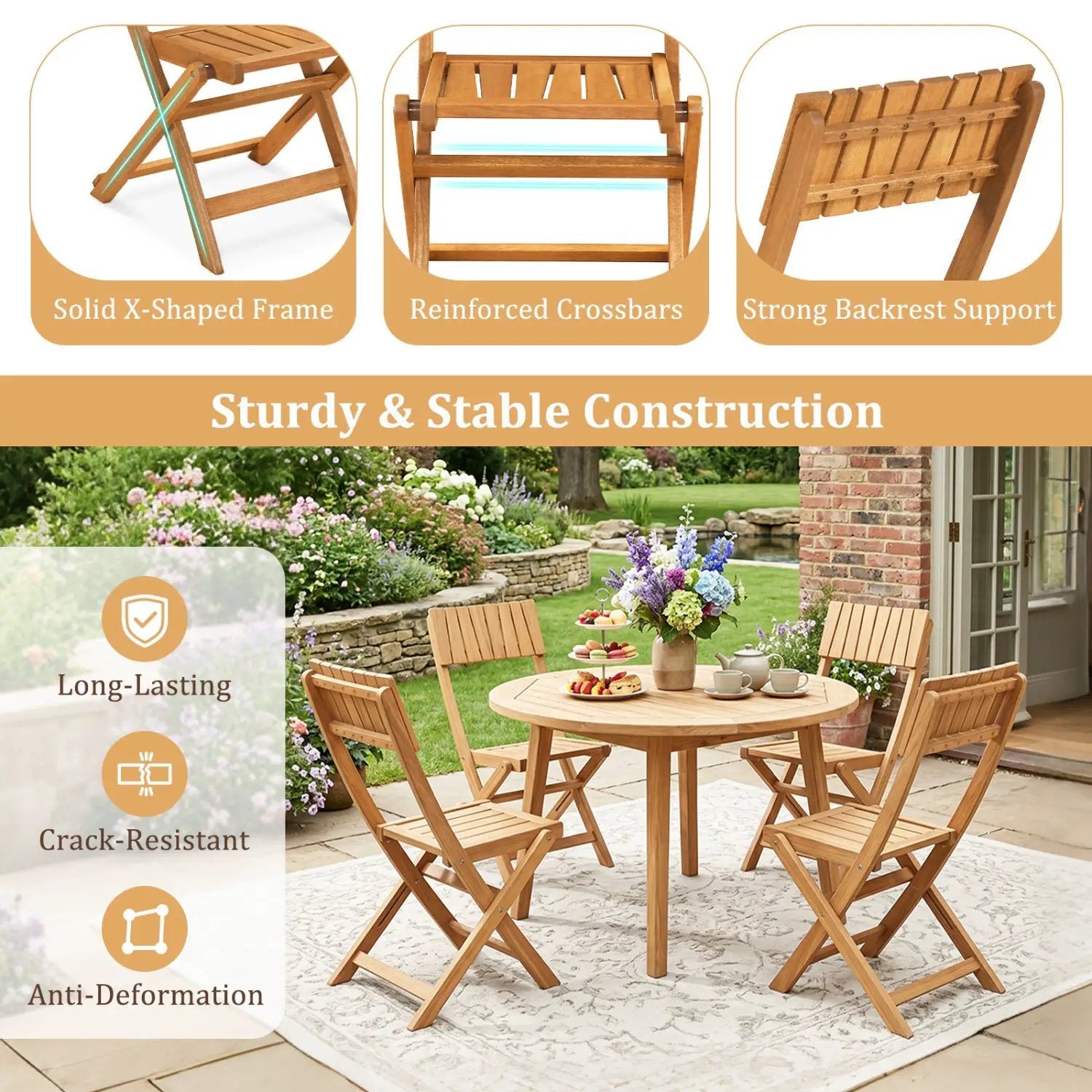 2 Pack Folding Chairs Sturdy Wood Dining Chairs with Slatted Backrest and Seat by DirectDeals