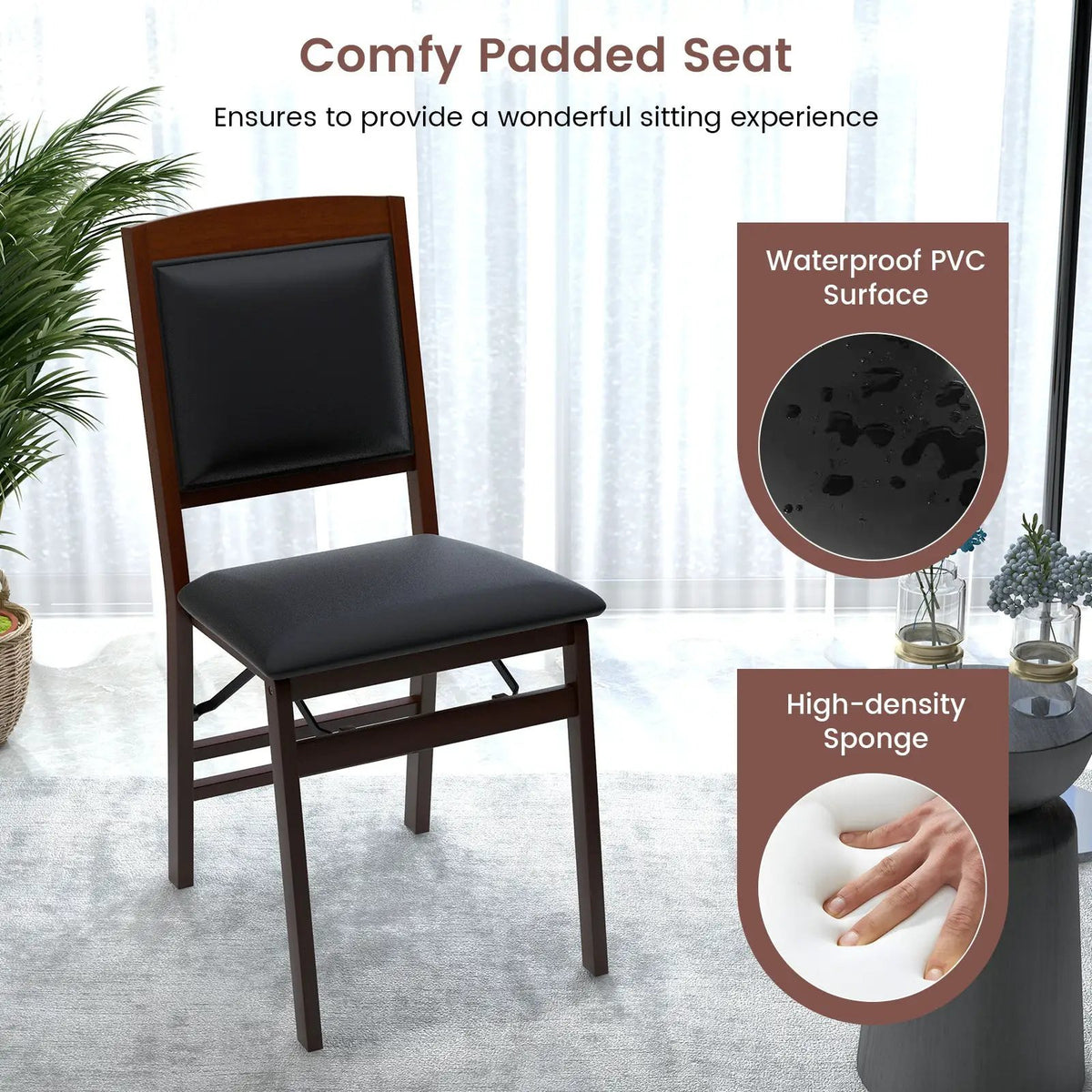 Set of 2 Folding Dining Chairs with Padded Seat and High Backrest-Brown by DirectDeals
