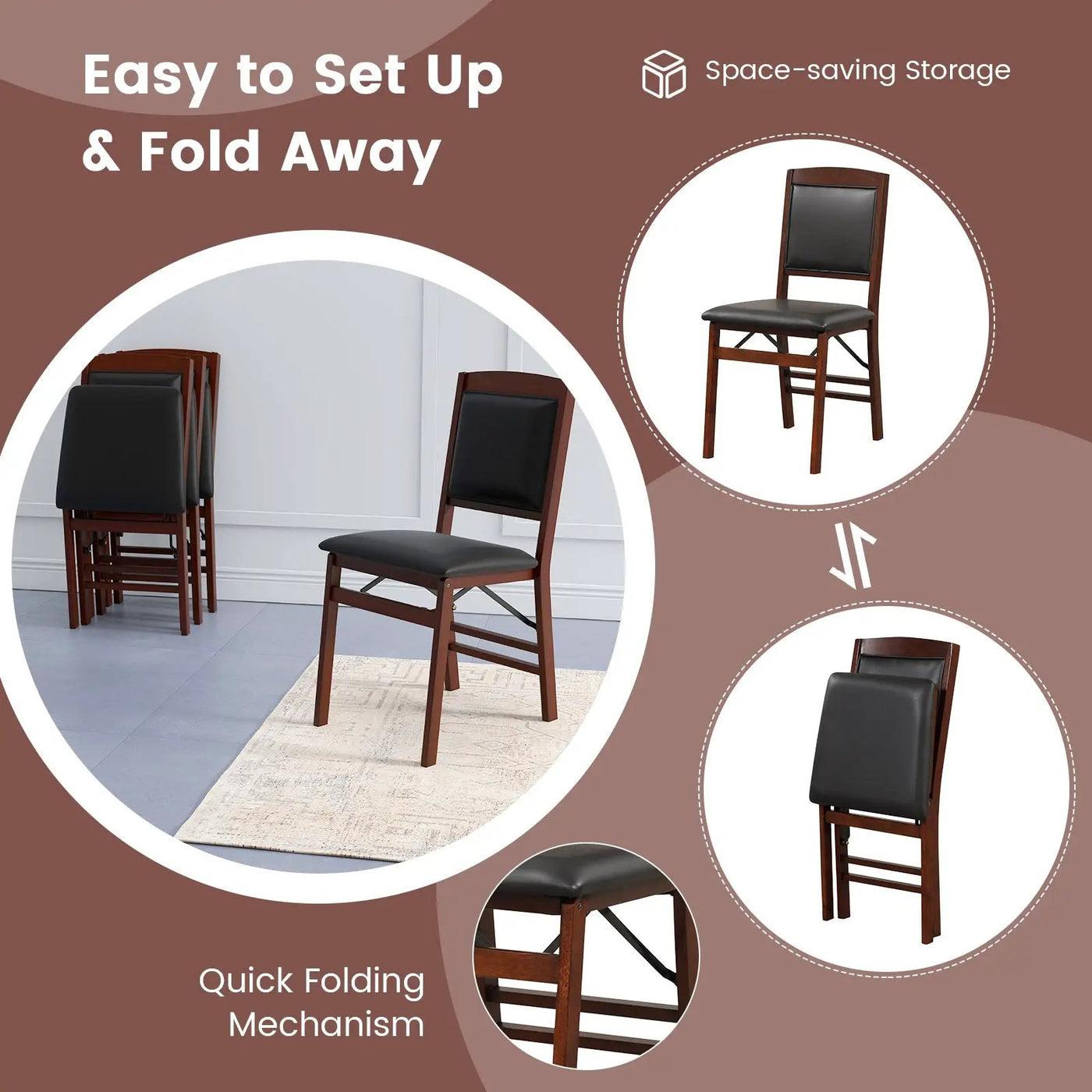 Set of 2 Folding Dining Chairs with Padded Seat and High Backrest-Brown by DirectDeals