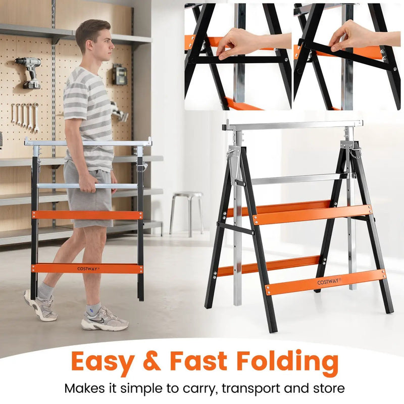 Heavy Duty Metal Folding Saw Horses with Adjustable Height by DirectDeals