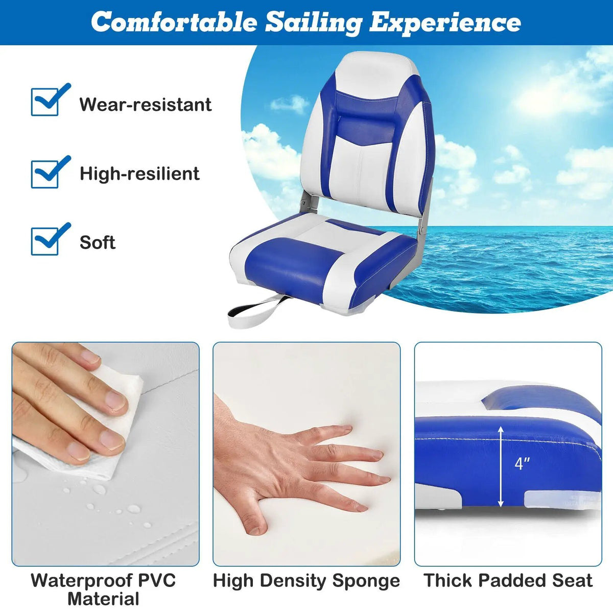2 Pieces High Back Folding Boat Seat Set with Sponge Cushion by DirectDeals