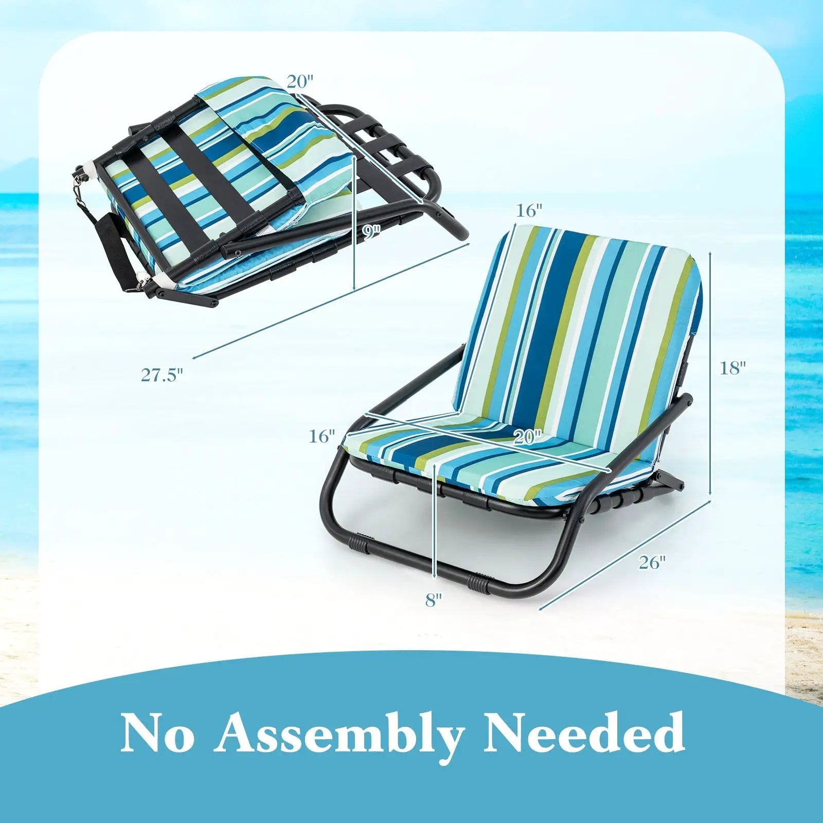2 Pack Low Folding Beach Chairs for Adults with Cushion-Blue by DirectDeals