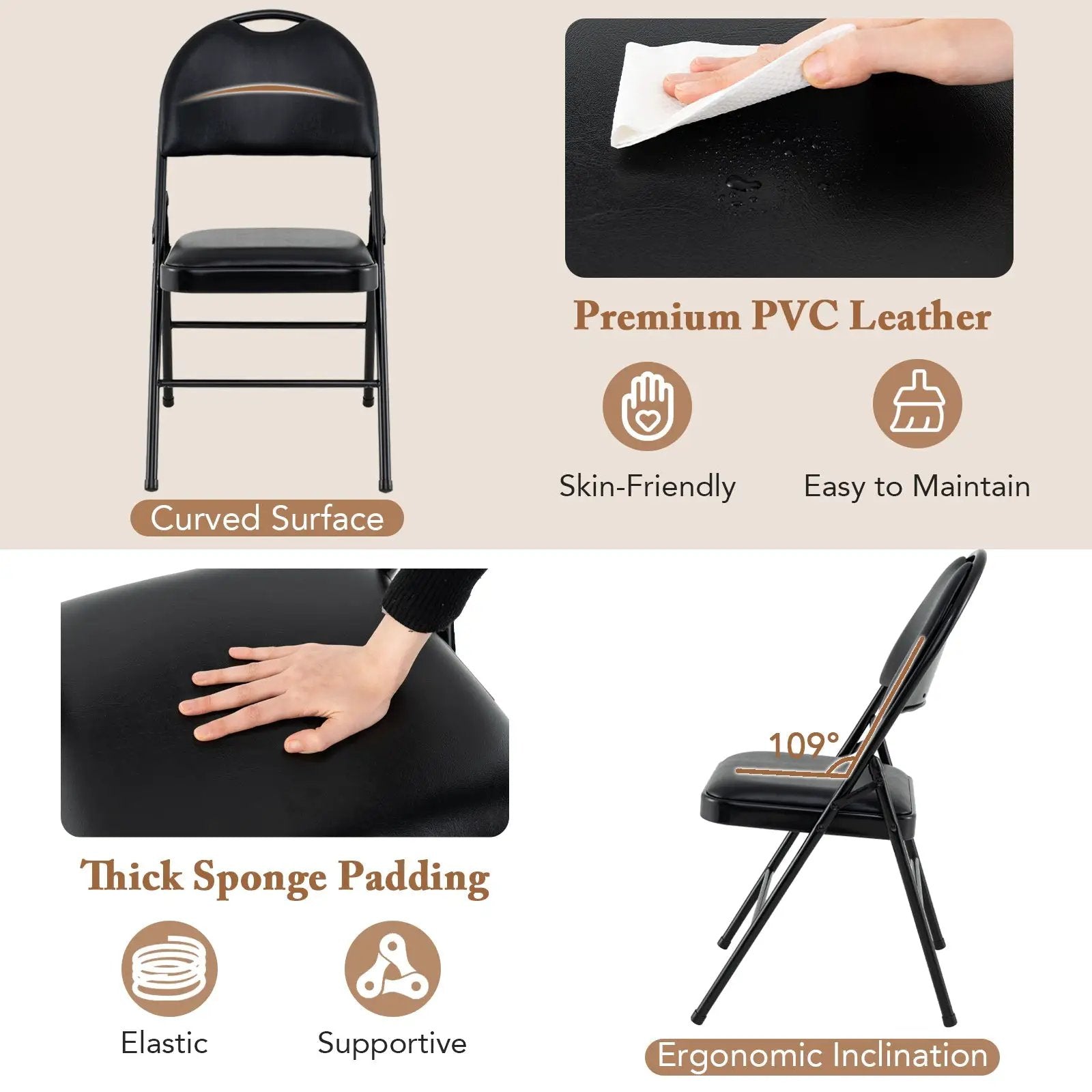 2 Pack Padded Folding Chairs with Metal Frame and Carry Handle-Black by DirectDeals