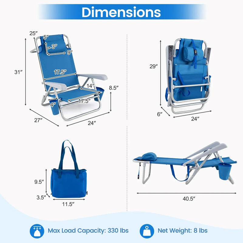 Folding Beach Chair with 7-Position Backrest & Cooler Bag by DirectDeals