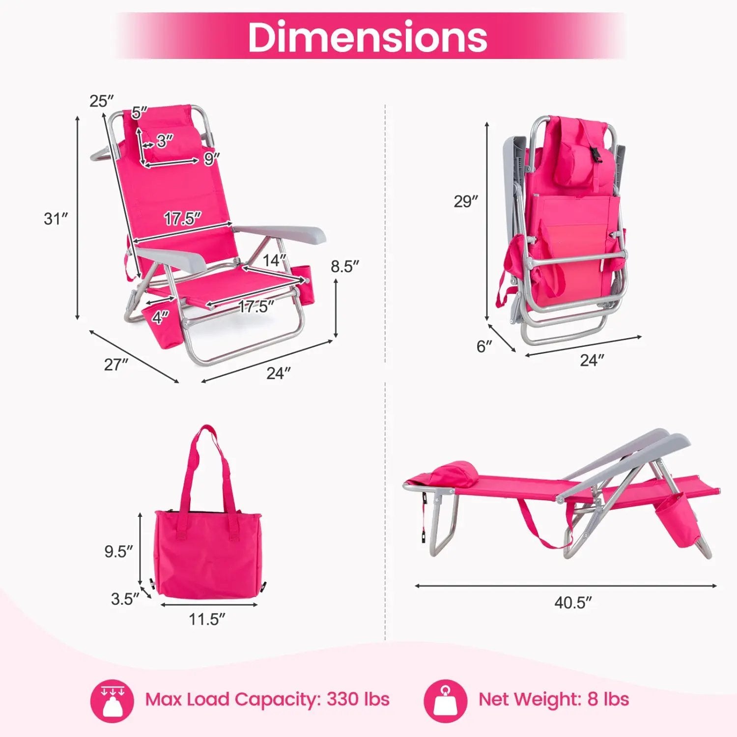 Folding Beach Chair with 7-Position Backrest & Cooler Bag by DirectDeals