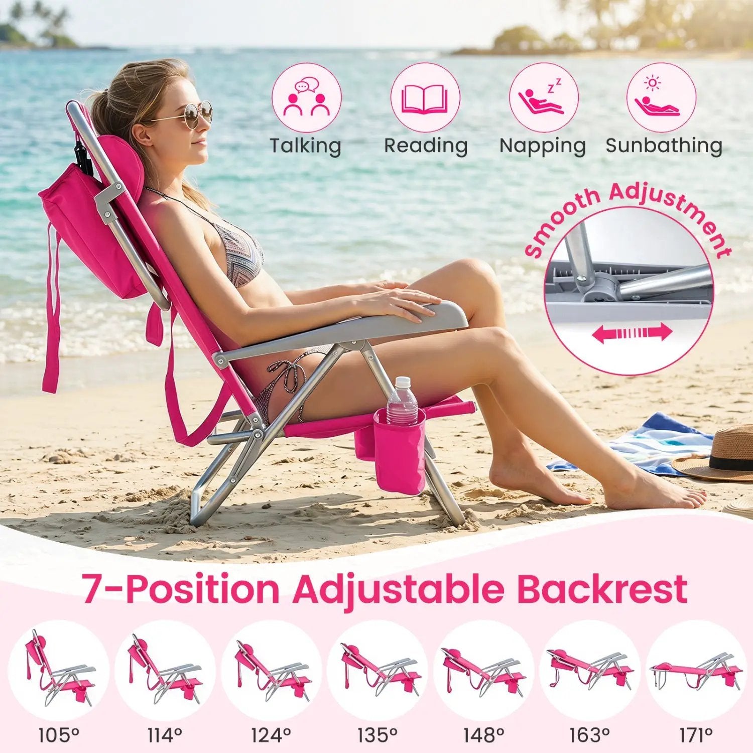 Folding Beach Chair with 7-Position Backrest & Cooler Bag by DirectDeals