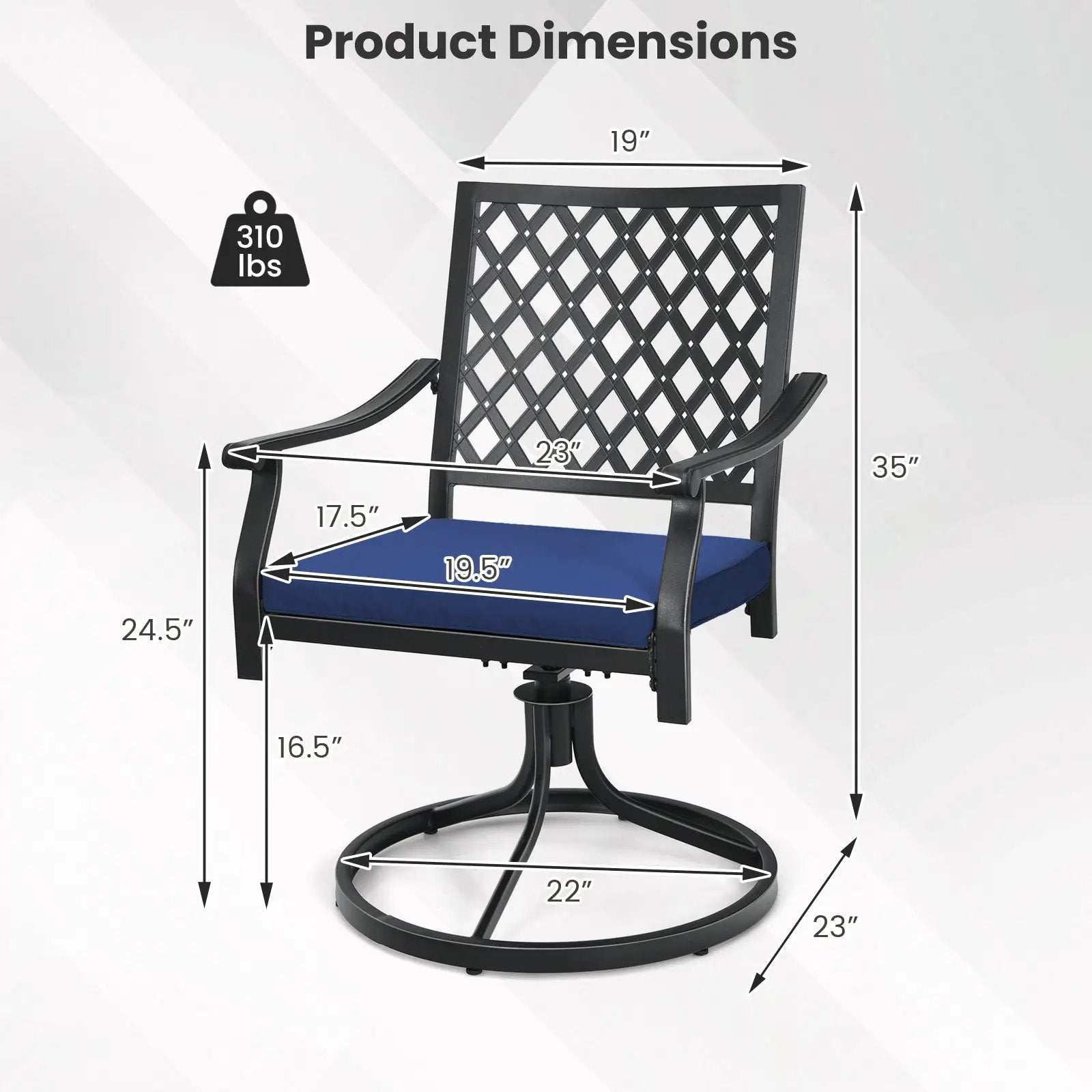 2 Pack Swivel Outdoor Chairs with Soft Cushions and Round Steel Base-Navy by DirectDeals