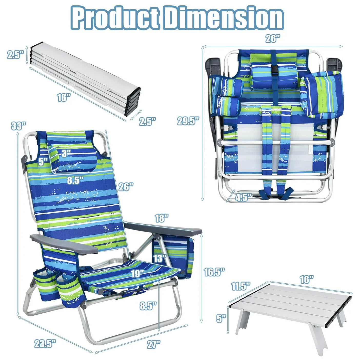 2 Packs 5-Position Outdoor Folding Backpack Beach Table Chair Reclining Chair Set by DirectDeals
