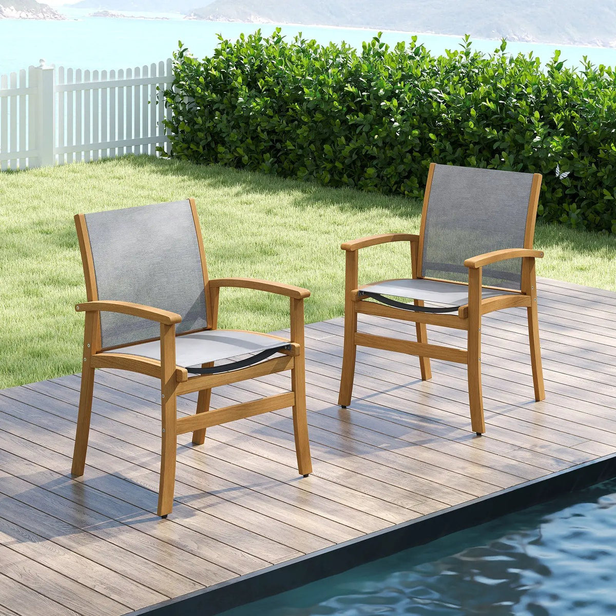 Patio Chairs Set of 2 Acacia Wood Armchairs with Breathable Fabric Back and Seat by DirectDeals