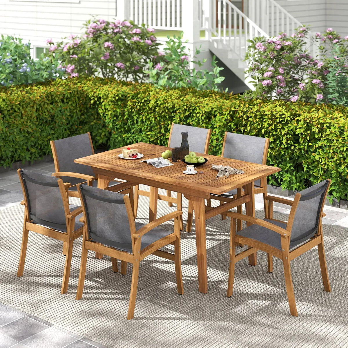 Patio Chairs Set of 2 Acacia Wood Armchairs with Breathable Fabric Back and Seat by DirectDeals