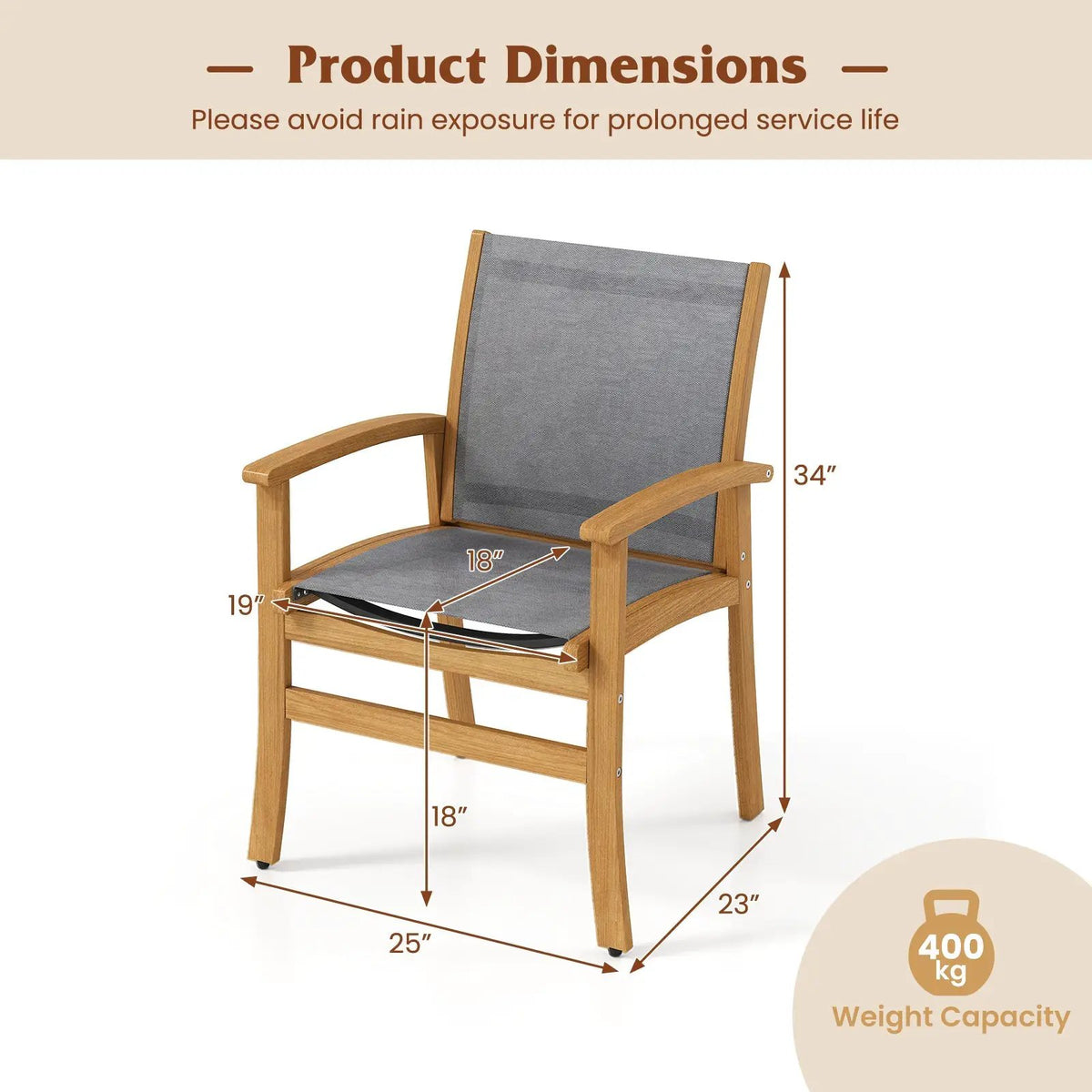 Patio Chairs Set of 2 Acacia Wood Armchairs with Breathable Fabric Back and Seat by DirectDeals