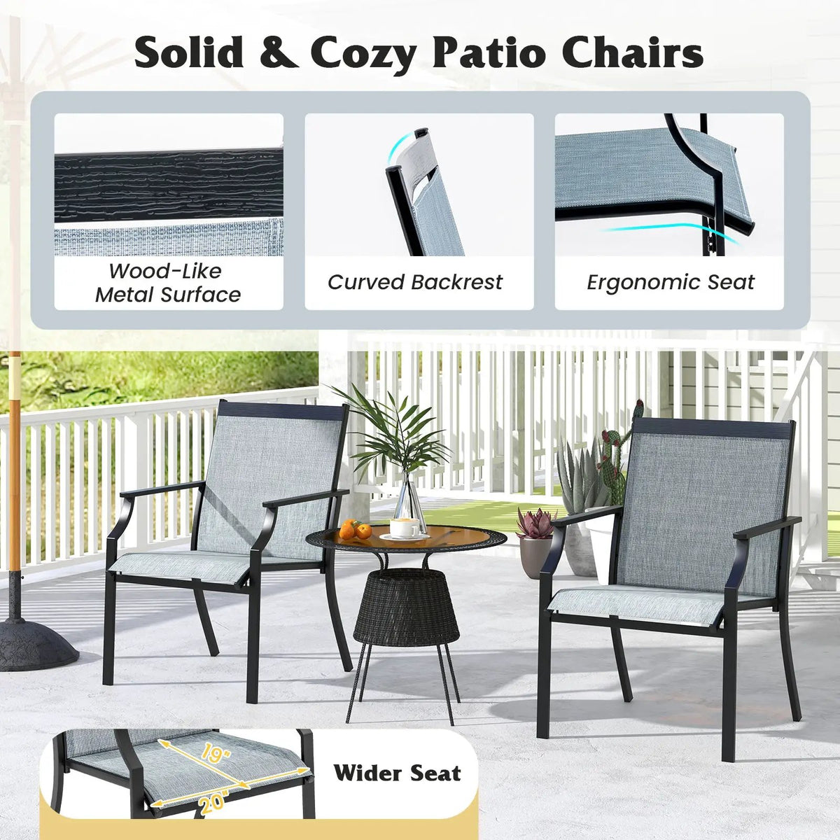 2 Piece Patio Dining Chairs Large Outdoor Chairs with Breathable Seat and Metal Frame by DirectDeals