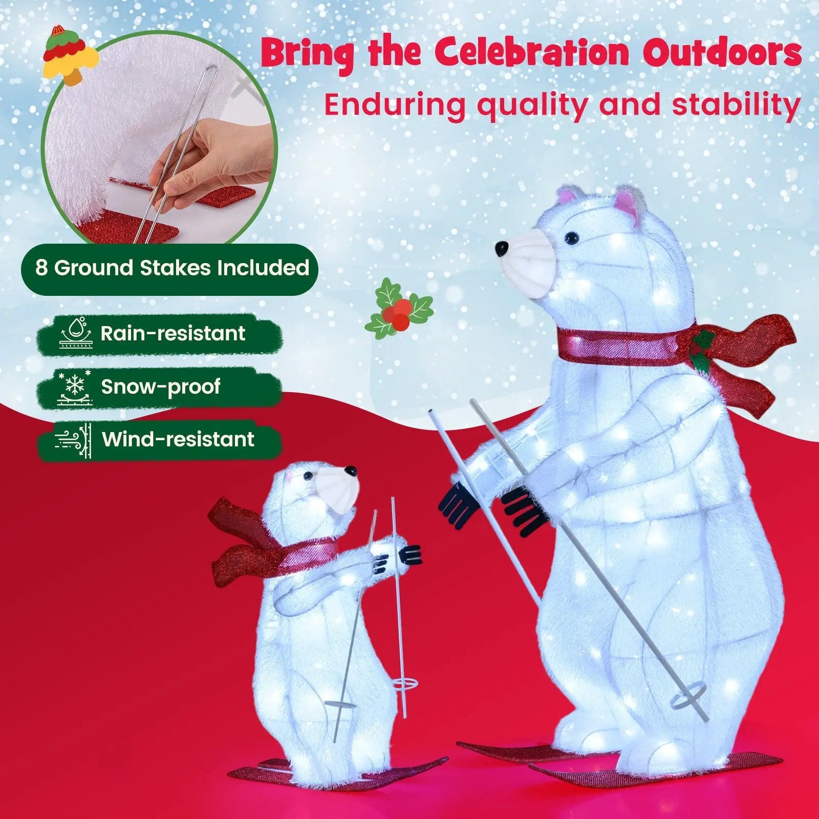 2 PCS Animated Skiing Polar Bears Pre-lit Christmas Bear Decoration with Skiing Motion by DirectDeals