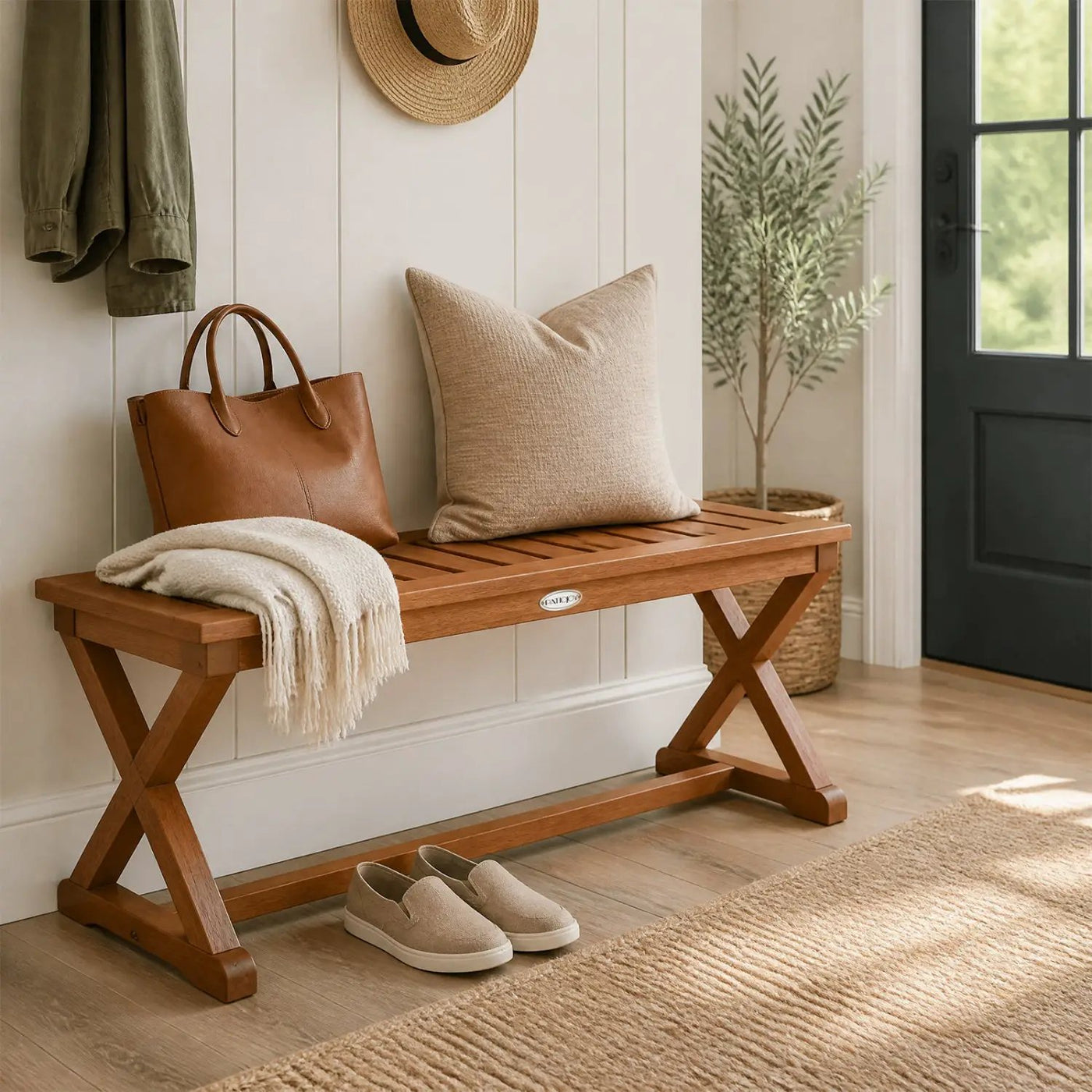 2-Person 44" Solid Wood Outdoor Bench with Slatted Seat for Patio Park Balcony by DirectDeals