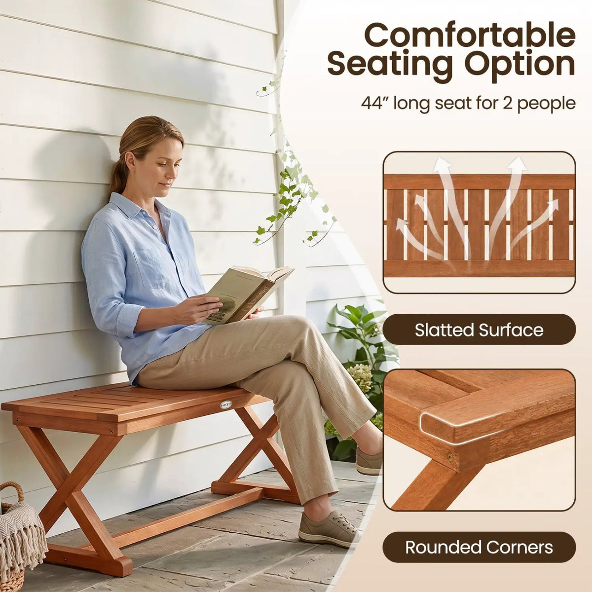 2-Person 44" Solid Wood Outdoor Bench with Slatted Seat for Patio Park Balcony by DirectDeals