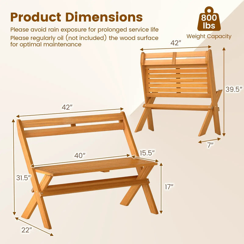 2-Person Acacia Wood Patio Garden Bench with 800 lbs Capacity by DirectDeals