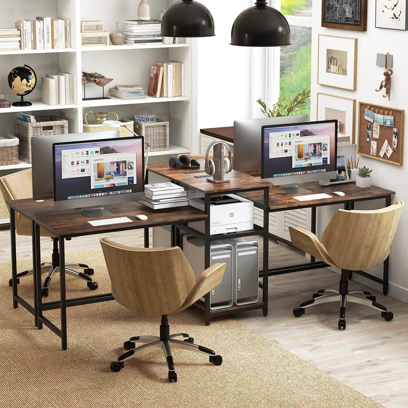 2-Person Computer Desk with Power Outlet and Printer Stand-Rustic Brown by DirectDeals