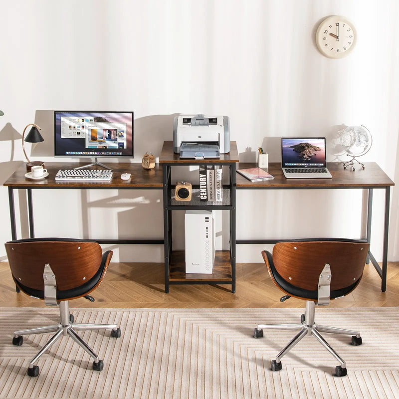 2-Person Computer Desk with Power Outlet and Printer Stand-Rustic Brown by DirectDeals