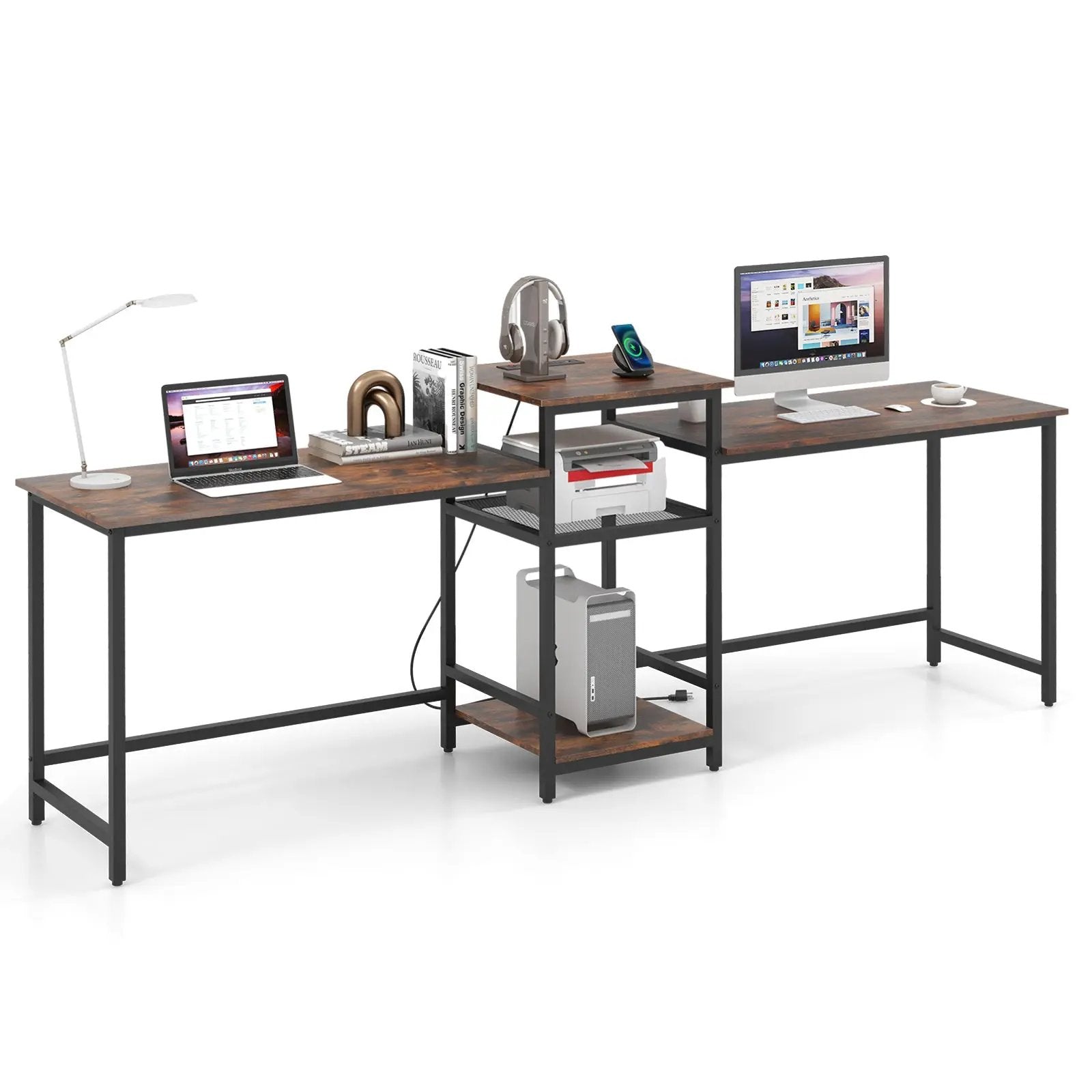 2-Person Computer Desk with Power Outlet and Printer Stand-Rustic Brown by DirectDeals