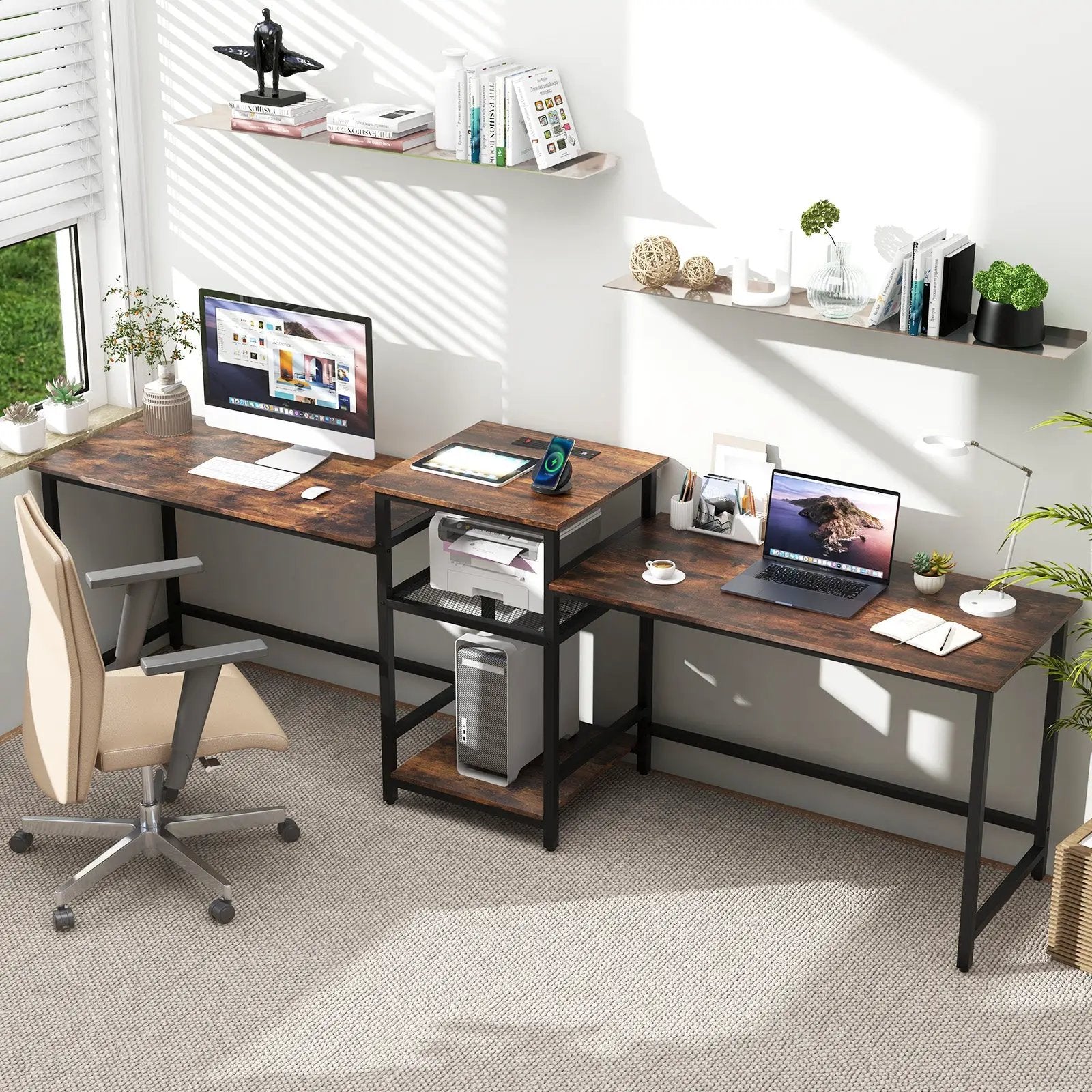 2-Person Computer Desk with Power Outlet and Printer Stand-Rustic Brown by DirectDeals