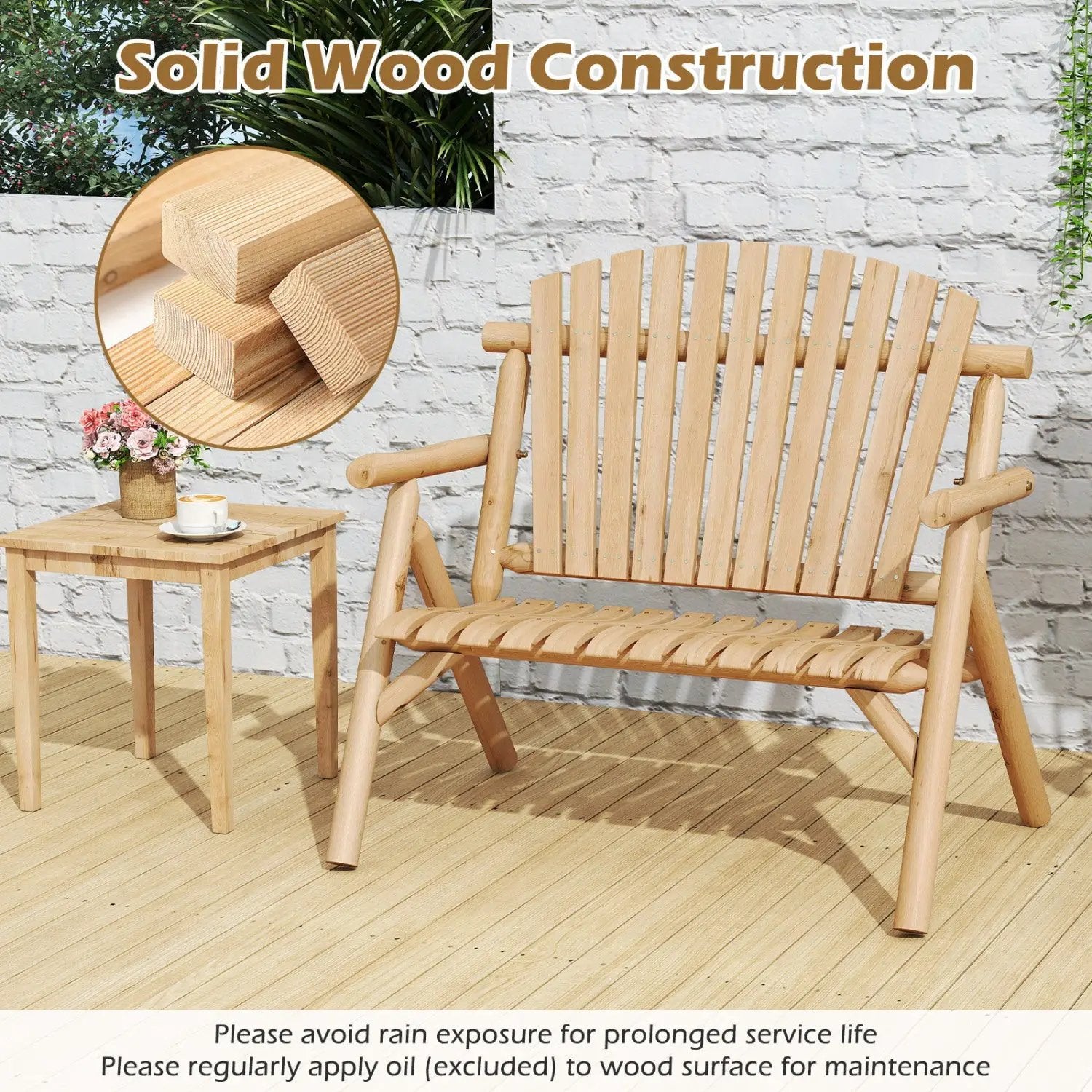 2-Person Log Wood Patio Bench with Slatted Backrest by DirectDeals