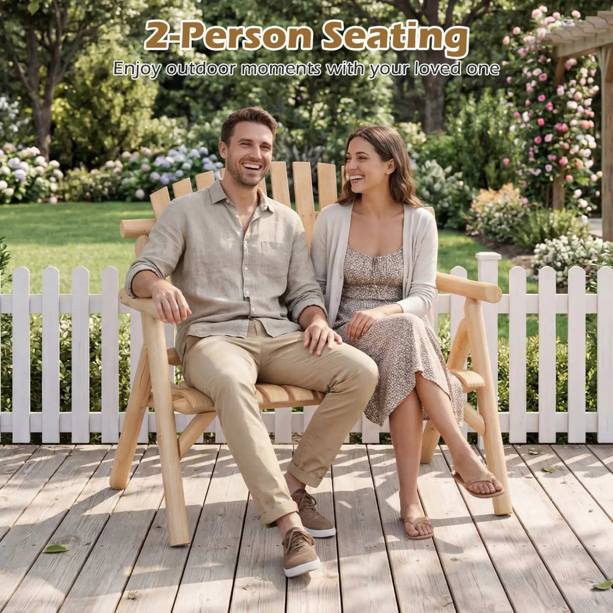 2-Person Log Wood Patio Bench with Slatted Backrest by DirectDeals