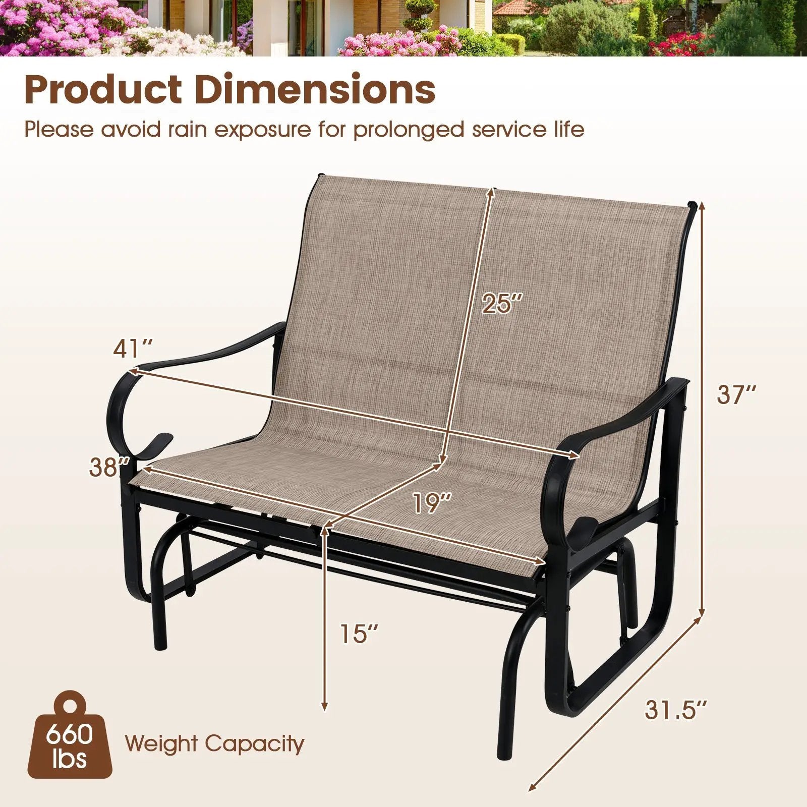 2-Person Outdoor Glider Bench with High Backrest-Brown by DirectDeals