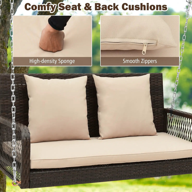 2-Person Outdoor Wicker Porch Swing with Seat and Back Cushions by DirectDeals