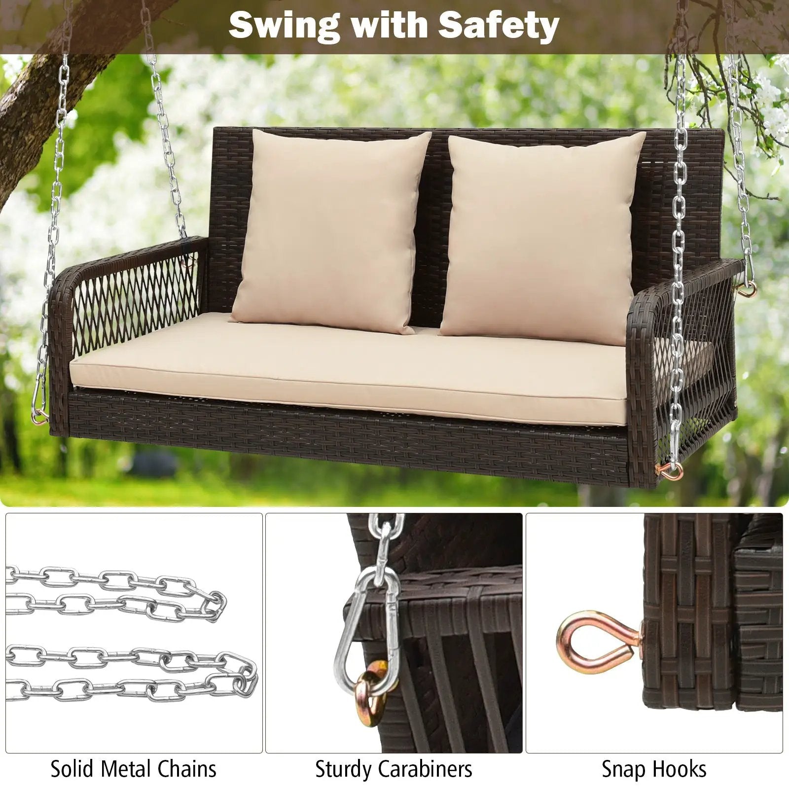 2-Person Outdoor Wicker Porch Swing with Seat and Back Cushions by DirectDeals