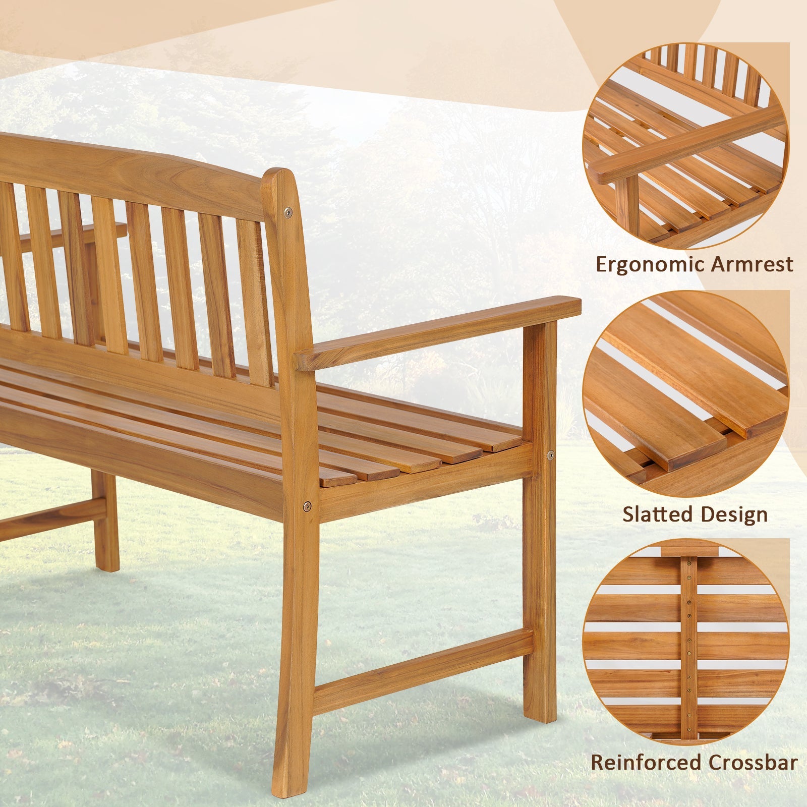 2-Person Patio Acacia Wood Bench with Backrest and Armrests by DirectDeals