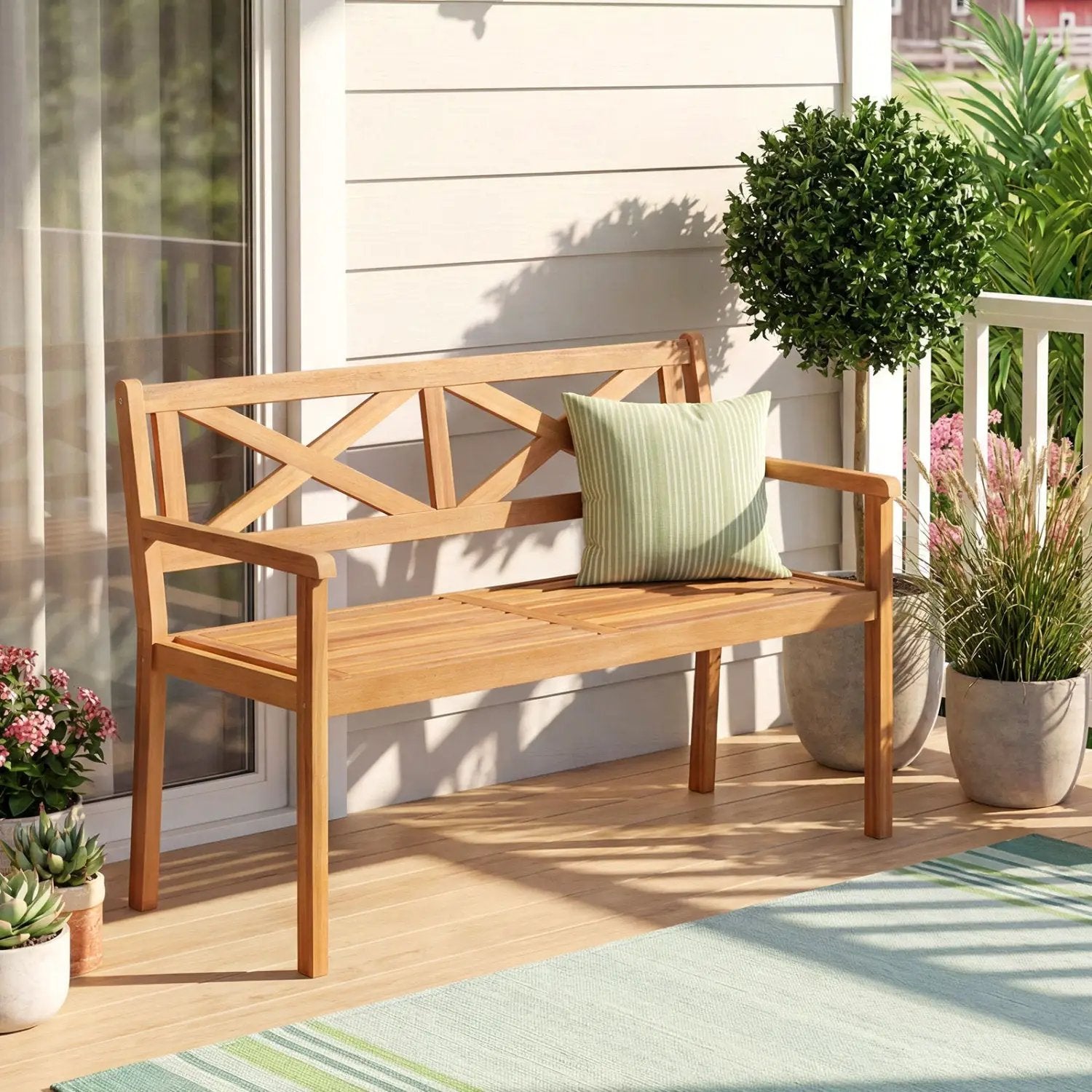 2-Person Patio Acacia Wood Garden Chair with Armrests and Backrest for Backyard by DirectDeals