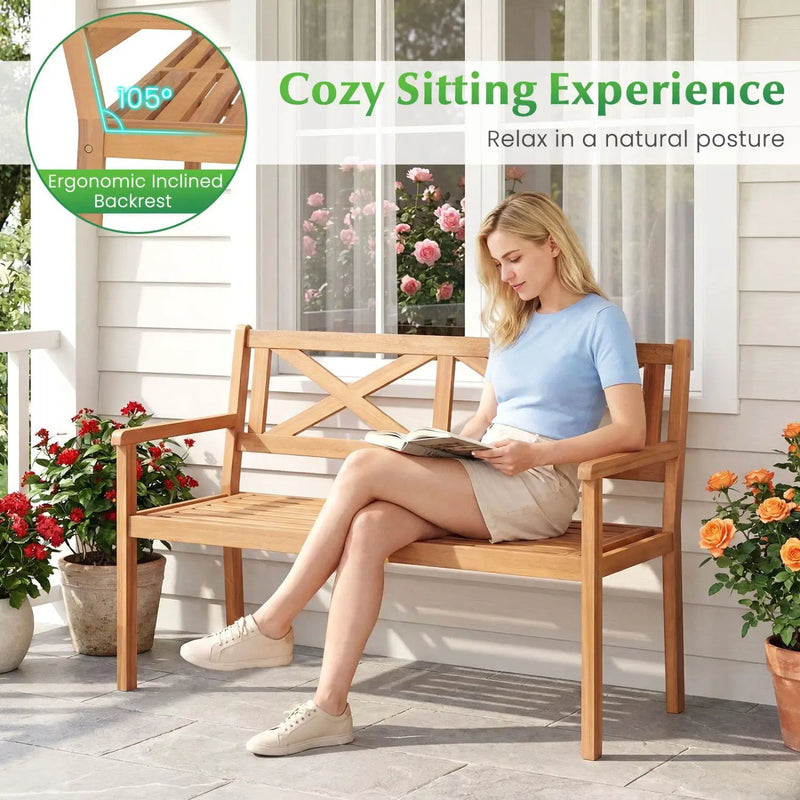 2-Person Patio Acacia Wood Garden Chair with Armrests and Backrest for Backyard by DirectDeals