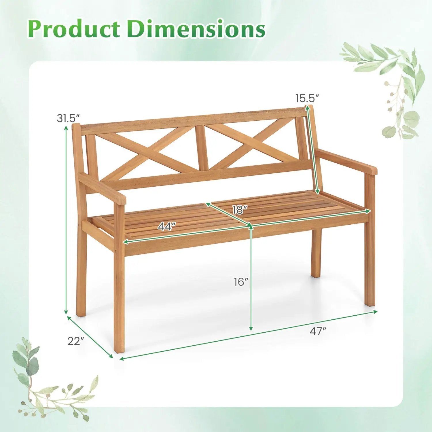 2-Person Patio Acacia Wood Garden Chair with Armrests and Backrest for Backyard by DirectDeals