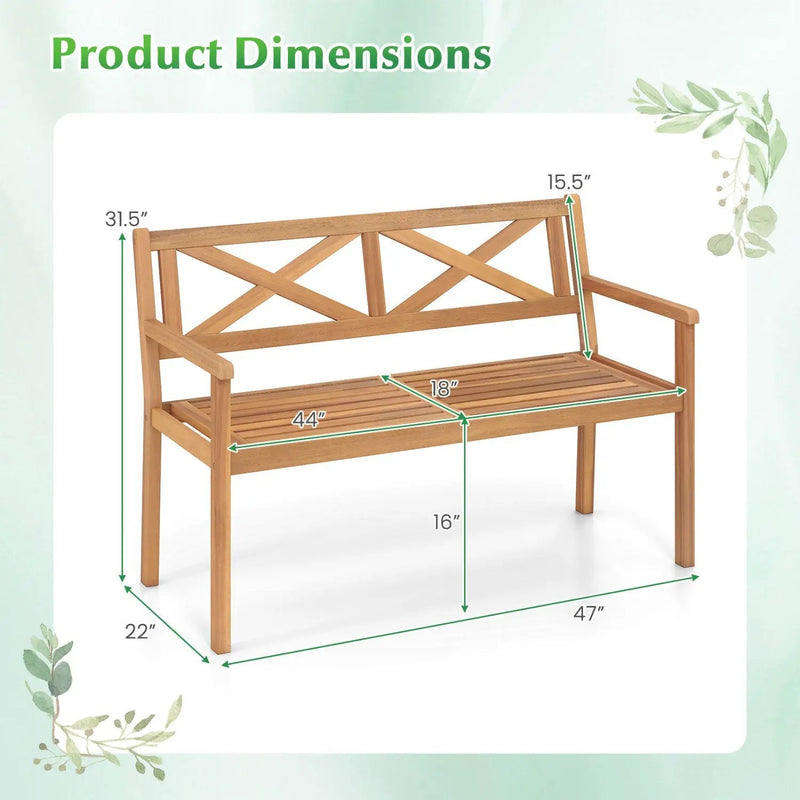 2-Person Patio Acacia Wood Garden Chair with Armrests and Backrest for Backyard by DirectDeals