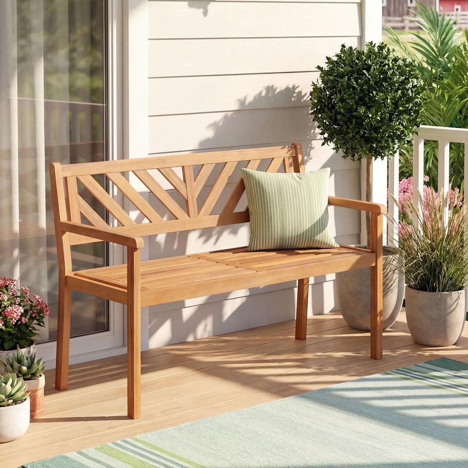 2-Person Patio Acacia Wood Garden Chair with Armrests and Backrest for Porch by DirectDeals